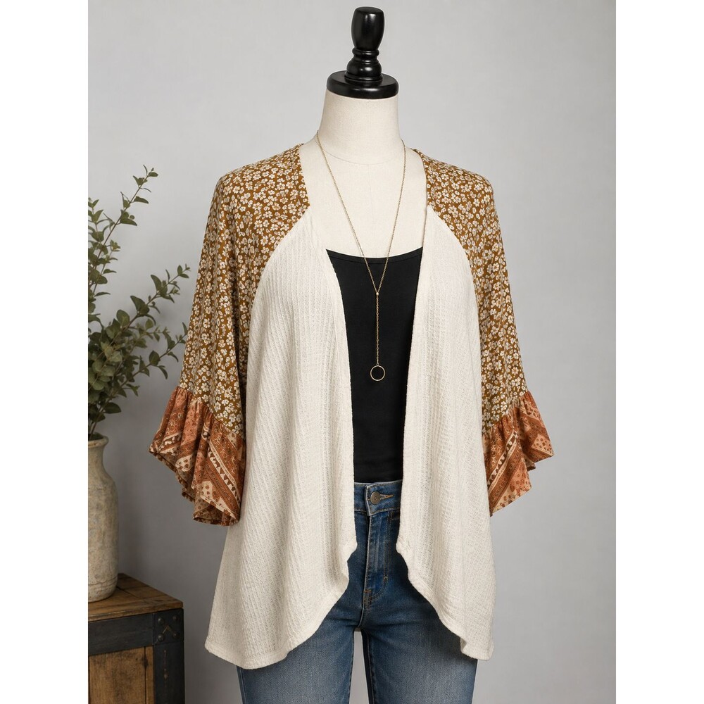 Maurices Womens XL Floral Boho Peasant Duster Brown Ruffle Flowy Kimono